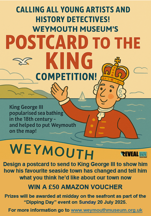 Postcard to the king poster, showing a cartoon of King George III dipping in Weymouth