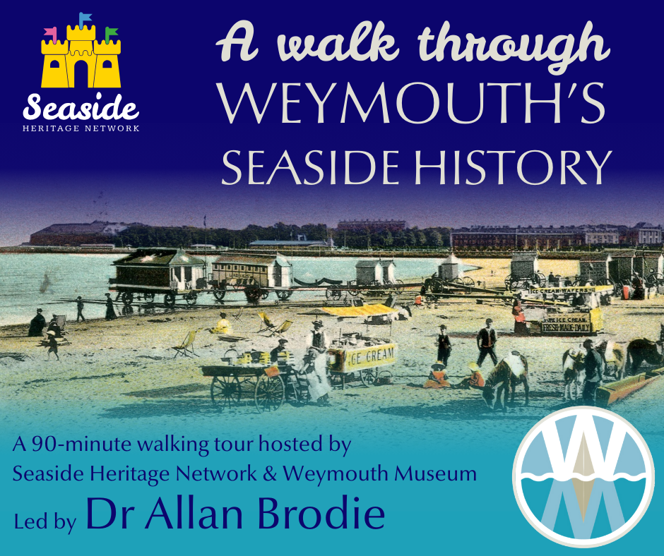 Image showing a historic postcard of Weymouth beach with bathing machines at the water's edge, and an ice cream stall and donkeys in the foreground